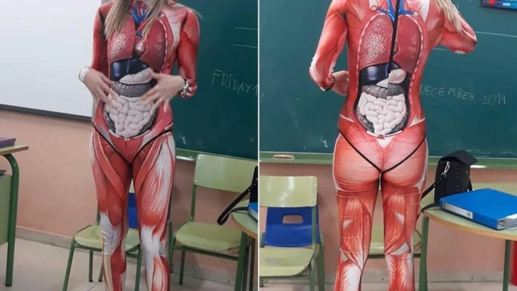 Una profesora da clases de Anatomía de una manera bastante creativa