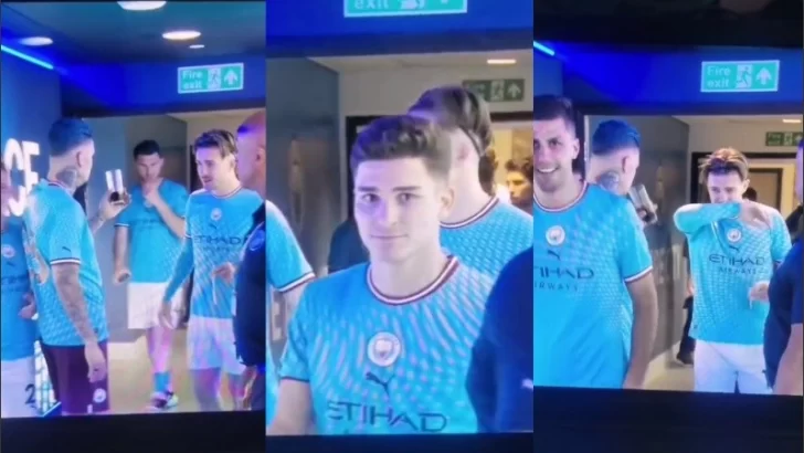 Julián Álvarez le convidó fernet a sus compañeros en los festejos del Manchester City: mirá las caras que pusieron