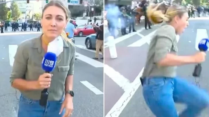 El momento en que una periodista recibe un balazo de goma en una protesta contra Trump